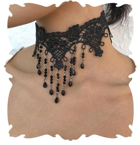 Handcess Collier ras du cou en dentelle noire strass gland colliers gothique creux fleur collier bijoux accessoires pour femmes et filles