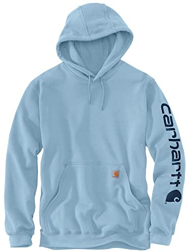 Carhartt Sweat-Shirt mi-épais avec Logo imprimé sur la Manche Coupe Ample Capuche, Bleu, XL Homme