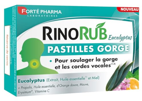Forté Pharma - RinoRub Pastilles Gorge | Complément alimentaire Gorge - Maux de gorge, Cordes vocales | Huile essentielle d'Eucalyptus, Vitamine C, Thym, Menthe Poivrée | 20 pastilles
