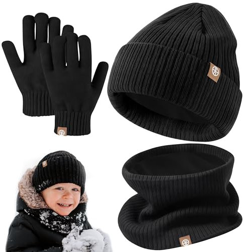 auvstar Kinder Wintermütze Schal Handschuhe Mütze Set, Jungen Strickmütze Loop Schal, Warme Weiche Wintermützen für Kleinkind, Beanie Hut Handschuhe Runder, Mädchen Winter Beanie Set (Schwarz)