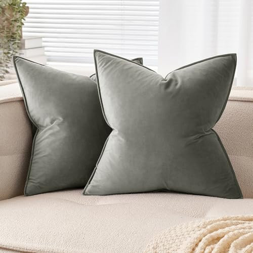 EMEMA Samt Kissenbezug Kissenhülle 40x40 cm Dekorative Sofakissen Dekokissen Umwickelte Kante 2er Set Kissenbezüge Zierkissenbezug für Sofa Wohnzimmer Schlafzimmer Hellgrau