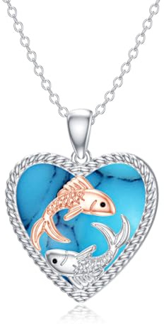LONAGO Collier Poissons Argent Sterling 925 Signe du Zodiaque Poissons avec Turquoise Créée Collier Pendentif pour Femme