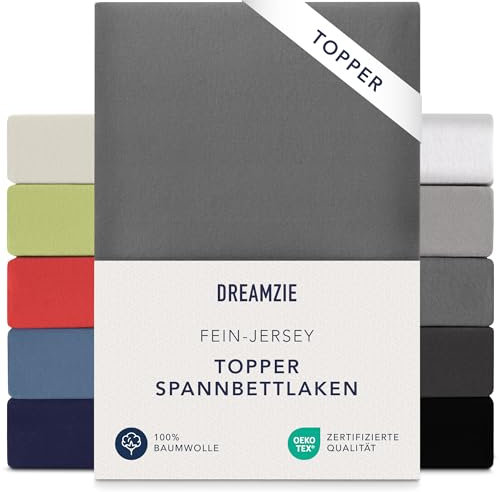 Dreamzie Premium Topper Spannbettlaken 140x200 cm - 160x200 cm - extra niedriger Seitenhöhe - für Topper - Topperauflage - Spannbetttuch Jersey Baumwolle, 150 g/m² - Oeko-TEX - Anthrazit