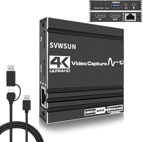 SVWSUN YVC30RJ Carte de capture audio vidéo HDMI 4K à 60 Hz avec RJ45 et microphone USB 3.0 pour diffusion en direct, jeux vidéo, conférence, commutateur/PS5/PS4/PS3/OBS/Xbox/appareil