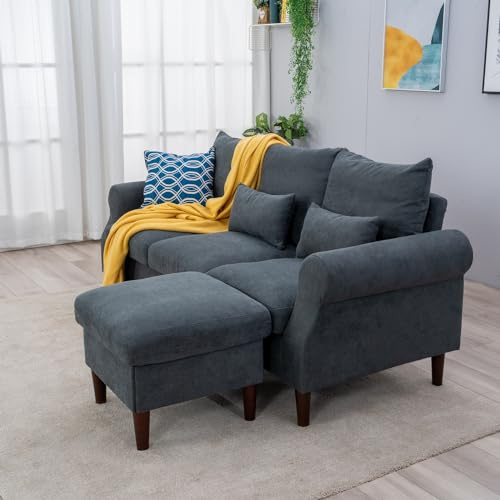 Panana Fabric Corner Sofa Couch L Shape Sofa Settee, 3 Seater Sofa with Lounge Ottoman, Left & Right Hand Side for Living Room Furniture, (Scroll Arm - Grey)