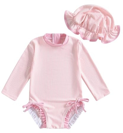 Vioyavo Newborn Toddler Girls Rash Guard Swimsuit Striped Print Long Sleeve Back Zipper Romper Cute Hat Swimwear Bathing Suit (Pink, 18-24 Months)