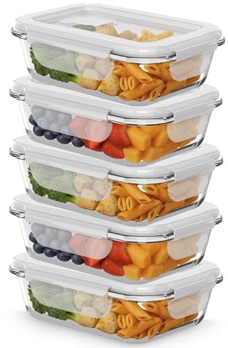 ZENO Glass Containers with Lids 5 Pack | Meal Prep Containers | Glass Food Container with Lid, Airtight Seal, Leakproof Lid | Dishwasher Safe | Freezer & Microwave Safe | 1050ml