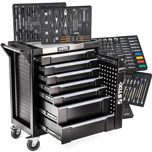 Stix UltimatePro B7/TS1 Werkstattwagen mit 267 Cr-V Werkzeugen, 7 Schubladen, Cargo-Schublade, Edelstahlplatte, abschließbar