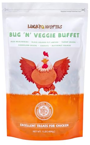 LuckyQworms Worm & Garden Blend - Premium Treat for Chickens, Birds, Ducks, Reptiles & Hedgehogs - High Protein Feed with Dried Mealworms, BSFL, Veggies - 1 Lbs Resealable Bag Bug 'n' Veggie Buffet
