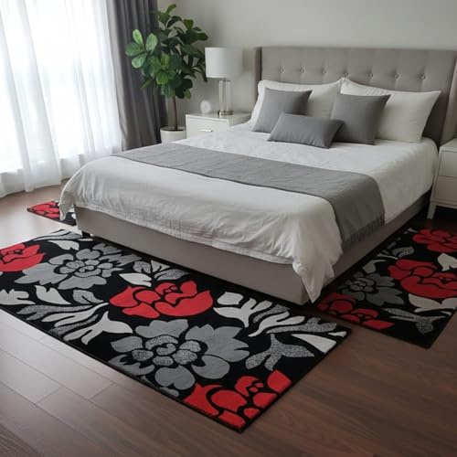 Masters House Biancheria per la Casa Tris Tappeti Camera da Letto 3 Pezzi – Design Floreale Rosso/Nero con Effetto Lurex – Set 80x150 + 2 Tappeti 60x110 – Polipropilene Morbido e Resistente