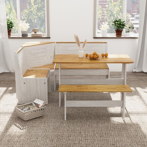 GAINUO Breakfast Nook Dining Table Set – L-Shaped Kitchen Nook Booth with Bench Seating, Farmhouse Banquette Corner Dining Table for Small Spaces, White Wood Dining Furniture