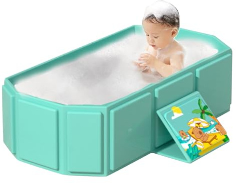 RNPKZ Foldable Bathtub for Children, Collapsible Toddler Bath Tub, Foldable Baby Bath for Ages 0-8, Portable Folding Baby Bath Tub with Drain Plug, All-in-One Design, for Travel, Easy Storage (Cyan)