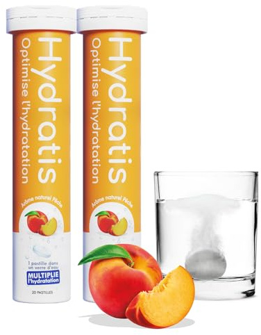 HYDRATIS - Pastilles Hydratation Electrolytes - Pêche - Améliore l'Hydratation et Favorise l'Énergie - Formule Isotonique - Sport, Récupération, Bien-être - 2 tubes (40 Pastilles)