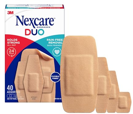Nexcare Duo Bandages, Painless Removal, Strong Adhesive Bandages Stay on for 24 Hours, Flexible Fabric Construction - 40 Pack Assorted Sizes