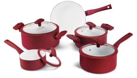 Topf- und Pfannenset, Antihaft-Keramik, 9-teiliges Antihaft-Pfannen- und Kochtopf-Set, rote Aluminiumpfannen, Keramikbeschichtung, Glasdeckel, Silikongriffe, Küchen-Kochgeschirr-Sets von Mundial