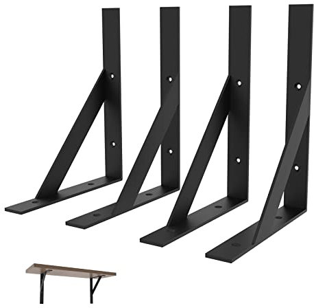 SPOROOT Schwerlast Regalhalterung 200 x 255mm, Schwarz Regalhalter, Regal Unterstützung Winkel Klammern für Regale, L Klammern schwebenden Regalhalter 4er Set