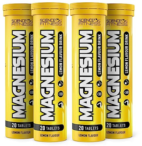 Magnesium Lemon Flavour Effervescent 80 Tablets for Normal Muscle Functions/Suitable for Vegans and Vegetarians, Mg 375 mg per Serving 4 Tubs x 20