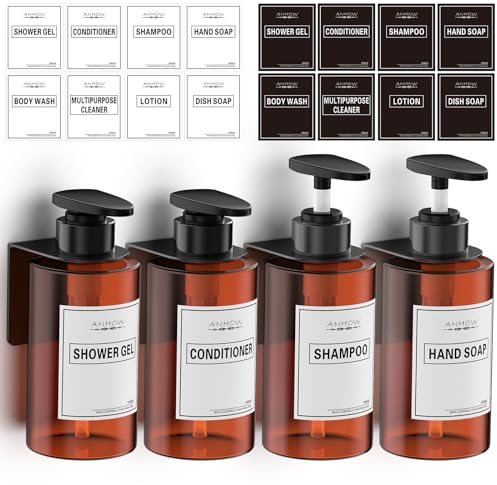 Anhow 4 Stycken Badrum Tvåldispenser, 300 ml Tvåldispenser Flytande Vägg För Badrum Dusch Kök Schampo Balsam Duschkräm - Brun