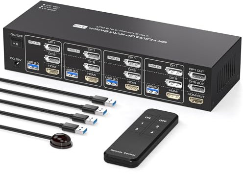 PVBCTCSID 8K 2 Displayport HDMI KVM Switch 4 Computers 3 Monitors 4K144Hz for 4 PC Sharing Triple Monitor and 4 USB 3.0 port with Remote Control Support Extended Copy Mode（Not supporting EDID）
