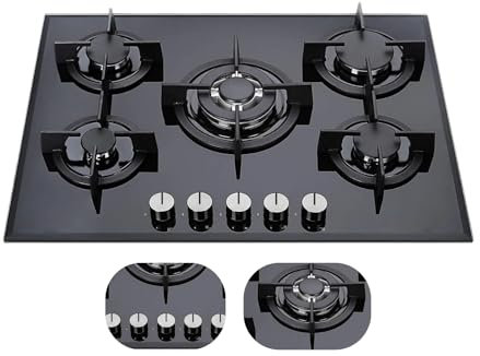 Piano Cottura Vetro 5 fuochi, Piano Cottura Gas da Incasso, 75 cm, Griglia Professionale in Ghisa Robusta, Vetroceramica, Dispositivo di Sicurezza alla fiamma FFD, Manopole di Controllo, C7-50BTF