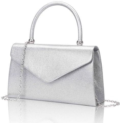 Larcenciel Clutch Silber, Wasserdichte Membran Damenhandtasche mit Abnehmbarer Kette, Glitzer Paillette Umhängetasche, Elegant Umschlag Abendtasche Mode Crossbody für Hochzeit Party Bankett 22x13x5CM