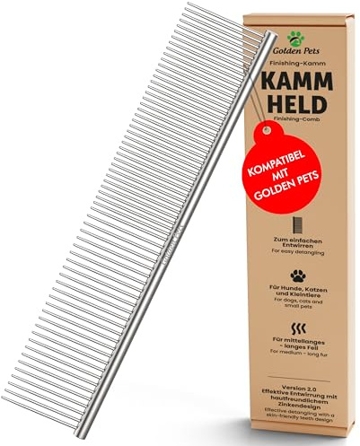 NEU! Profi Hundekamm zur Fellpflege von mittlerem & langem Haar bei Hunde & Katzen, Pudel, Goldendoodles I Golden Pets kompatibel - Gegen Knoten und zum Finish I + neues E-Book Größe M-L