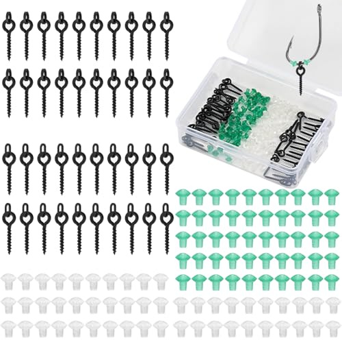SF 140PCS Bait Screws Set for Carp Fishing, 40PCS Bait Screws with Oval/Round Link Loop, 100PCS Hook Stops Rubber Shank Beads Fishing Terminal Rig Tackle