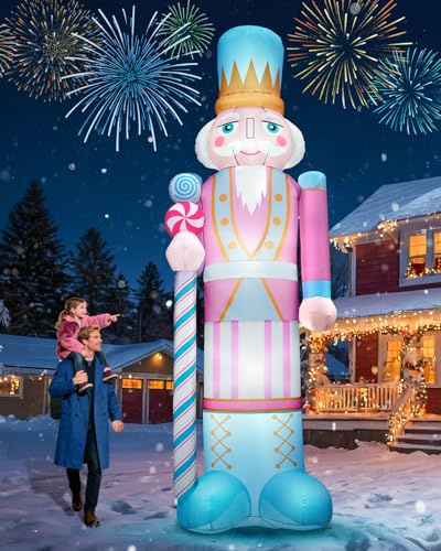 zukakii 12FT Giant Christmas Inflatable Nutcracker, Huge Pink Christmas Decoration Outdoor Hold Candy Cane Large Blow Up Yard Decorations Blowups with Bright LED Lights for Xmas New Year Holiday