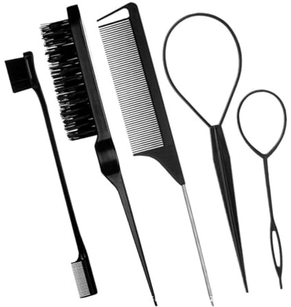 JEYORZY 5 pcs Herramientas para Cola de Caballo, Cabello Pull Aguja, Peines de Cola,Set de Peinado,cinta para el pelo para mujer Twister Herramienta de Trenzado para Peinados Creativos(Negro)