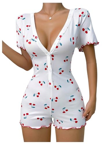 OYOANGLE Women's Cherry Print Button Up Sleepwear Deep V Neck Short Sleeve Overall Cute Pajama Romper White X-Large