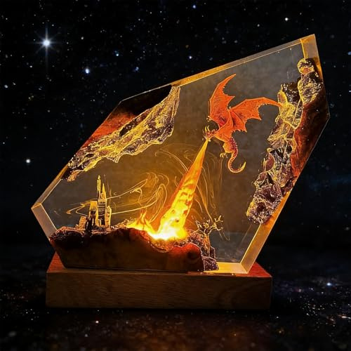 Epoxy Fire Dragon Resin Lamp – Handmade Multi-Color LED, USB Port Resin Night Light, Ideal Home Bedroom Decor, Unique Birthday Holiday Gifts for Father Men Husband Boyfriend Him Kids (5.52 * 5.31in)