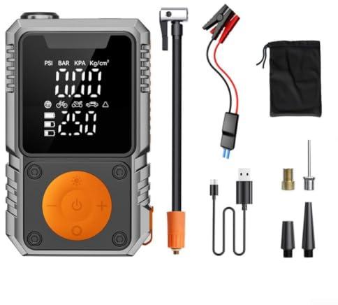 Avviatore di emergenza portatile per auto, con compressore d'aria per gonfiaggio pneumatici da 150 PSI, booster pack da 12 V, manometro digitale per pneumatici di moto, kit di assistenza stradale (4 x