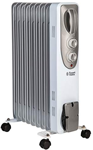 Russell Hobbs 2000W/2KW Oil Filled Radiator, 9 Fin Portable Electric Heater - White, Adjustable Thermostat with 3 Heat Settings, Safety Cut-off, 20 m sq Room Size, RHOFR5002, 2 Year Guarantee, 1 Pack