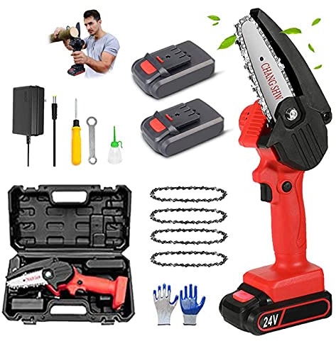 Auoeer Mini Chainsaw 4-Inch Cordless Electric Portable Chain Saw with 2 Batteries and 4 Saw Chains, with Box 0.7kg Lightweight Pruning Shears Chainsaw (Color : Red)