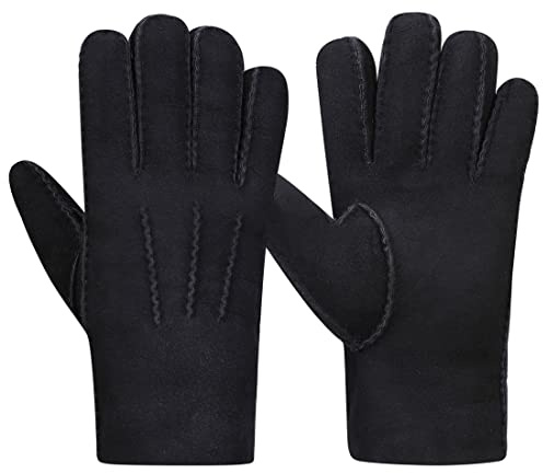 Harssidanzar Winter Herren Lederhandschuhe,Wildleder Lammfell Shearling Dicke Wolle Gefüttert Beheizte Warme Winter Kaltwetter Kleid Fahrhandschuhe KM043EU,Schwarz,Größe S