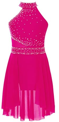 Maillot Patinaje Artistico Niña con Falda Malla Ballet Vestido Danza Latina | Vestido de Gimnasia Rítmica con Pedrería Brillante Traje de Baile Profesional para Competición y Espectáculo 5-16 Años