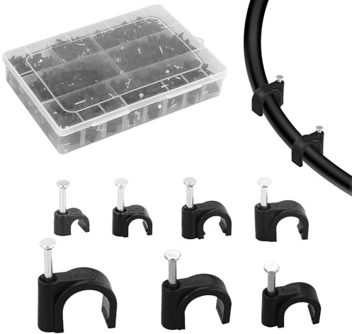 Assortiment de 630 Clips de Câble Multi-tailles (4 à 12 mm) - Attaches Murales et Blindées Noires pour Fils Extérieurs et Intérieurs