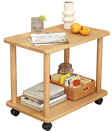 Fiauli Mesa auxiliar, mesa auxiliar de madera rodante con ruedas sin patas, mesita de noche estrecha, giratoria de 2 niveles, sofá pequeño de té con ruedas para sala de estar (color madera)