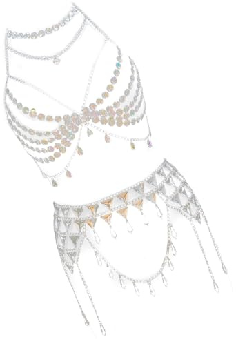 Geometrics - Juego de cadena para el cuerpo con diamantes de imitación y falda de cintura, accesorio de moda para mujeres y mujeres, traje de cadena corporal