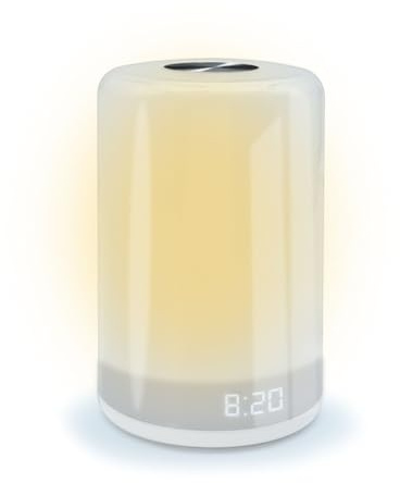 mooov 477372 Wecker, progressiv, beleuchtet, mehrfarbig – 5 Melodien für sanftes Wecken – Zeitanzeige deaktivierbar – Stromversorgung USB-C-Anschluss – Weiß