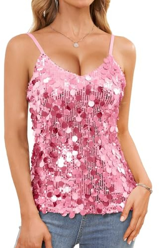 JASGOOD Sequin Tops for Women Sparkly Tank Top Vest Sleeveless V Neck Glitter Strappy Camisole Concert Outfits Party Night, Rose Pink, XL