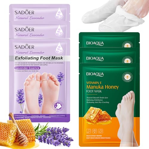 6 Paires Masque Pied,Peeling Pied,Masque pour Les Pieds,Soin-Pied pour Chaussette Exfoliante Masque Pieds Très Secs et Abîmés,Lavande et Chéri Foot Peel Mask
