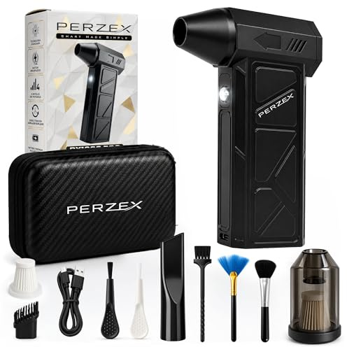PERZEX - Soplador de Aire Potente Pro 130000 RPM con Aspirador y Batería Larga Duración – Solución para Eliminar Polvo en Electrónica, Coche y Hogar – Soplador de Aire para Pc