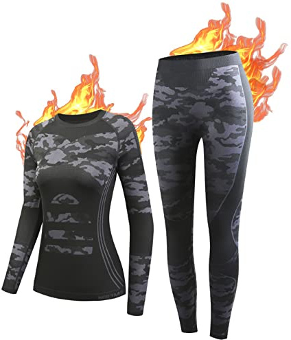 NOOYME Thermounterwäsche Damen Funktionsunterwäsche Warm & Atmungsaktiv Funktionswäsche Thermo Unterwäsche Skiunterwäsche für Winter Sport, Schwarz-Tarnung XXL