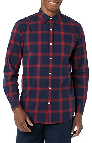 Amazon Essentials Chemise en Popeline Extensible À Manches Longues Et Coupe Ajustée Homme, Bleu Marine Rouge Carreaux Lainés, XXL