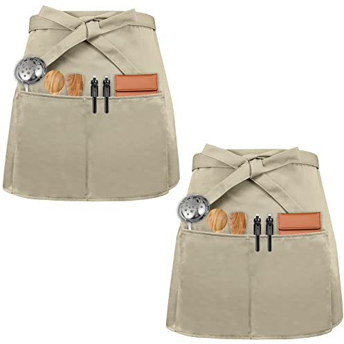 Delantal de Cocina con 3 Bolsillos para Hombre y Mujer - para Hornear, Bistro, Restaurante, Hotel, Café, Chef, Camarero, Limpieza, Pintura, Jardinería - 2 Piezas