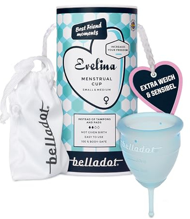 Belladot Evelina Menstruationstasse, wiederverwendbarer Menstrual Cup, S/M | Weiche Periodentasse für Menstruation und Periode aus 100% körperverträglichem Silikon, Größe S/M, pH-Balance, 1 Stück