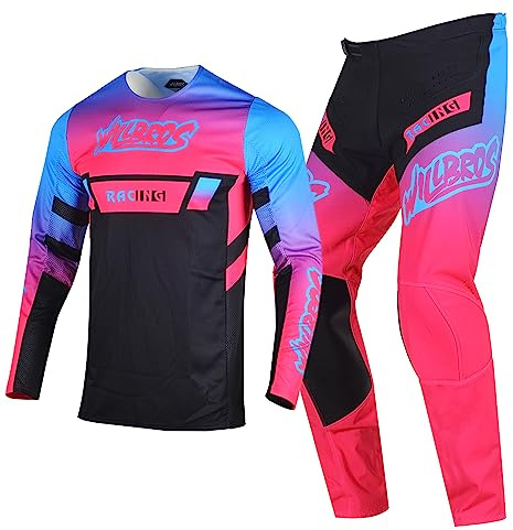 Willbros Pantaloni in Maglia Completo Motocross Enduro Moto Fuoristrada Cross MX BMX MTB Corse Ciclismo Adulto Rosa (Jersey XL Pants 36)