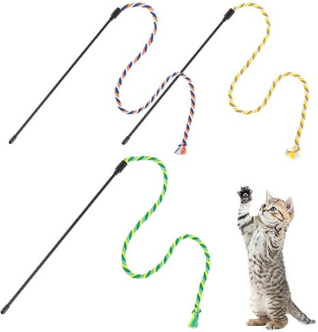 simarro Interaktives Katzenstab Spielzeug, 3Pcs Buntes bissfestes Seil zum Necken der Katze Zauberstab für Kitten Training Cat Zauberstab Interaktiver Zauberstab Kitten Cat Exerciser