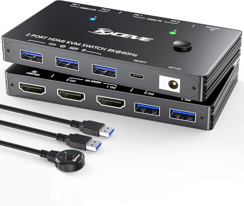 Conmutador KVM HDMI 8K@60Hz/4K@120Hz, HDMI 2.1 KVM Switch para 2 ordenadores que comparten 1 monitor y 3 dispositivos USB 3.0, mando a distancia por cable y cable USB incluido